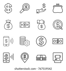 Thin line icon set : dollar, magnifier, investment, purse, money bag, gift, arrow, phone pay, virtual mining, coin, mobile, pin, atm