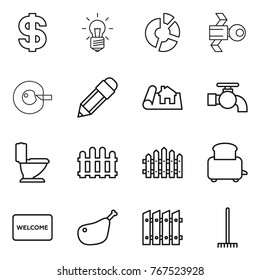 Thin line icon set : dollar, bulb, circle diagram, satellite, cell corection, pencil, project, water tap, toilet, fence, toaster, welcome mat, chicken leg, rake