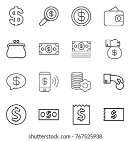 Thin line icon set : dollar, magnifier, wallet, purse, money, gift, message, phone pay, virtual mining, hand coin, receipt