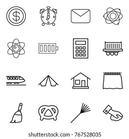 Thin line icon set : dollar, alarm clock, mail, atom, battery, calculator, truck shipping, train, tent, home, curtain, broom, pretzel, rake, wiping