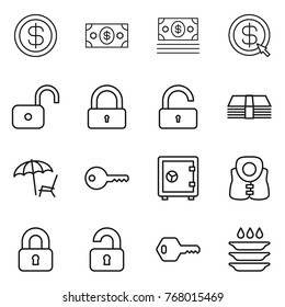 Thin line icon set : dollar, money, arrow, unlock, lock, lounger, key, safe, life vest, locked, unlocked, plate washing