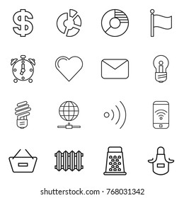 Thin line icon set : dollar, circle diagram, flag, alarm clock, heart, mail, bulb, globe connect, wireless, phone, remove from basket, radiator, grater, apron