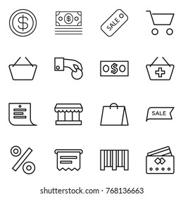 Thin line icon set : dollar, money, sale, cart, basket, hand coin, add to, shopping list, market, bag, percent, atm receipt, bar code, credit card