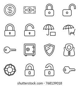 Thin line icon set : dollar, money, lock, unlock, insurance, lounger, key, safe, shield, life vest, lifebuoy, locked, unlocked