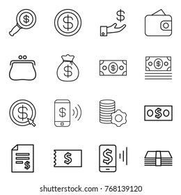 Thin line icon set : dollar magnifier, investment, wallet, purse, money bag, arrow, phone pay, virtual mining, account balance, receipt, mobile