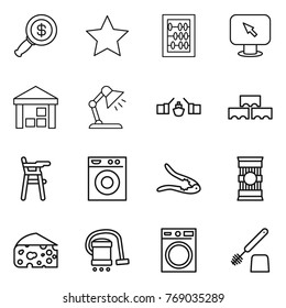 Thin line icon set : dollar magnifier, star, abacus, monitor arrow, warehouse, table lamp, drawbridge, block wall, Chair for babies, washing machine, walnut crack, pasta, cheese, vacuum cleaner