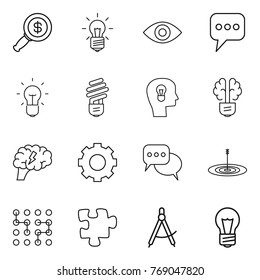 Thin line icon set : dollar magnifier, bulb, eye, message, head, brain, gear, discussion, target, chip, puzzle, draw compass