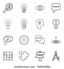 Thin line icon set : dollar magnifier, bulb, eye, message, head, brain, gear, discussion, target, chip, puzzle, singlepost, draw compass