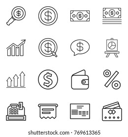 Thin line icon set : dollar magnifier, money, diagram, arrow, message, presentation, graph up, coin, wallet, percent, cashbox, atm receipt, invoice, credit card