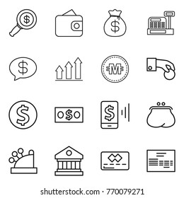 Thin line icon set : dollar magnifier, wallet, money bag, cashbox, message, graph up, crypto currency, hand coin, mobile pay, purse, library, credit card, invoice