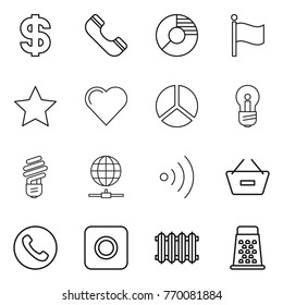 Thin line icon set : dollar, phone, circle diagram, flag, star, heart, bulb, globe connect, wireless, remove from basket, ring button, radiator, grater