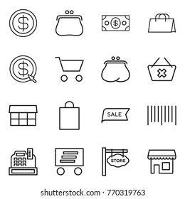 Thin line icon set : dollar, purse, money, shopping bag, arrow, cart, delete, market, sale, bar code, cashbox, delivery, store signboard, shop