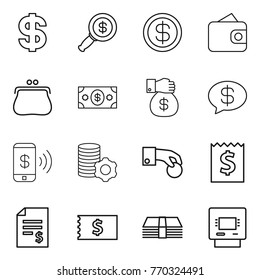 Thin Line Icon Set : Dollar, Magnifier, Wallet, Purse, Money, Gift, Message, Phone Pay, Virtual Mining, Hand Coin, Receipt, Account Balance, Atm