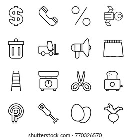 Thin line icon set : dollar, phone, percent, satellite, bin, fork loader, loudspeaker, curtain, stairs, kitchen scales, scissors, toaster, elecric oven, blender, eggs, beet