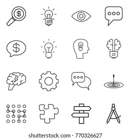 Thin line icon set : dollar magnifier, bulb, eye, message, money, head, brain, gear, discussion, target, chip, puzzle, singlepost, draw compass