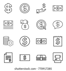 Thin line icon set : dollar, investment, money, gift, arrow, message, virtual mining, coin, receipt, account balance, atm