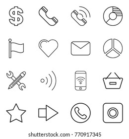 Thin line icon set : dollar, phone, call, circle diagram, flag, heart, mail, pencil wrench, wireless, remove from basket, star, right arrow, ring button