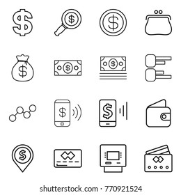 Thin line icon set : dollar, magnifier, purse, money bag, diagram, graph, phone pay, mobile, wallet, pin, credit card, atm