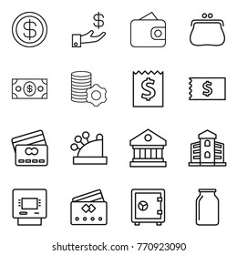 Thin line icon set : dollar, investment, wallet, purse, money, virtual mining, receipt, credit card, cashbox, library, building, atm, safe, bank