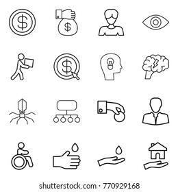 Thin line icon set : dollar, money gift, woman, eye, courier, arrow, bulb head, brain, virus, structure, hand coin, client, invalid, drop, and, housing