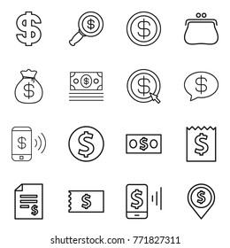 Thin line icon set : dollar, magnifier, purse, money bag, arrow, message, phone pay, coin, receipt, account balance, mobile, pin