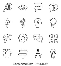 Thin line icon set : dollar magnifier, eye, message, money, bulb, head, brain, gear, discussion, chip, puzzle, singlepost, draw compass