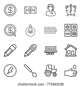 Thin line icon set : dollar, money, call center, alarm clock, arrow, rocket, battery, calculator, pencil, truck shipping, home, electricity, big spoon, tractor, hand drop