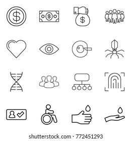Thin line icon set : dollar, money, gift, team, heart, eye, cell corection, virus, dna, group, structure, fingerprint, check in, invalid, hand drop, and
