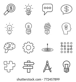 Thin line icon set : dollar magnifier, bulb, message, money, head, brain, gear, target, chip, puzzle, singlepost, draw compass