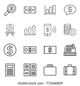 Thin line icon set : dollar magnifier, money, graph, message, presentation, up, phone pay, virtual mining, coin, receipt, cashbox, calculator, suitcase