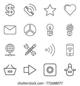 Thin line icon set : dollar, call, star, heart, mail, diagram, bulb, globe connect, pencil wrench, wireless, phone, remove from basket, right arrow, ring button, apron