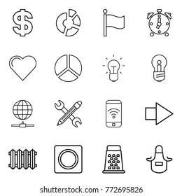 Thin line icon set : dollar, circle diagram, flag, alarm clock, heart, bulb, globe connect, pencil wrench, phone wireless, right arrow, radiator, ring button, grater, apron