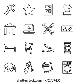 Thin line icon set : dollar magnifier, star, abacus, chess horse, warehouse, notebook, pencil wrench, check in, bed, Chair for babies, walnut crack, pasta, cheese, vacuum cleaner, washing machine