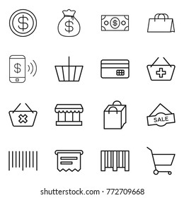 Thin line icon set : dollar, money bag, shopping, phone pay, basket, credit card, add to, delete cart, market, sale, bar code, atm receipt