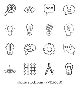 Thin line icon set : dollar magnifier, eye, message, money, bulb, head, brain, gear, discussion, target, chip, draw compass