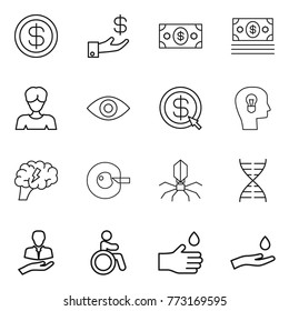 Thin line icon set : dollar, investment, money, woman, eye, arrow, bulb head, brain, cell corection, virus, dna, client, invalid, hand drop, and