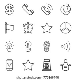 Thin line icon set : dollar, phone, call, circle diagram, flag, alarm clock, star, bulb, wireless, grater, apron