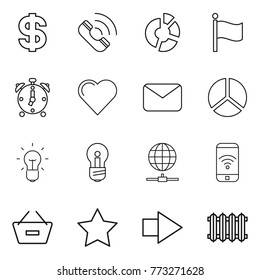 Thin line icon set : dollar, call, circle diagram, flag, alarm clock, heart, mail, bulb, globe connect, phone wireless, remove from basket, star, right arrow, radiator