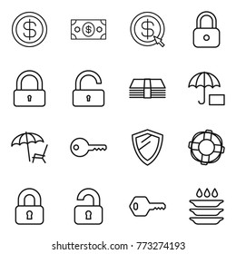 Thin line icon set : dollar, money, arrow, lock, unlock, insurance, lounger, key, shield, lifebuoy, locked, unlocked, plate washing
