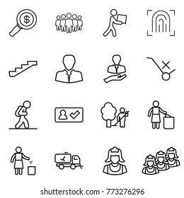 Thin line icon set : dollar magnifier, team, courier, fingerprint, stairs, client, do not trolley sign, tourist, check in, garden cleaning, garbage bin, home call, cleaner, outsource
