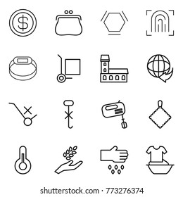 Thin line icon set : dollar, purse, hex molecule, fingerprint, smart bracelet, cargo stoller, mansion, delivery, do not trolley sign, hook, mixer, rag, thermometer, harvest, sow, handle washing