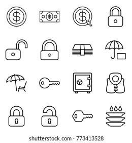 Thin line icon set : dollar, money, arrow, lock, unlock, insurance, lounger, key, safe, life vest, locked, unlocked, plate washing