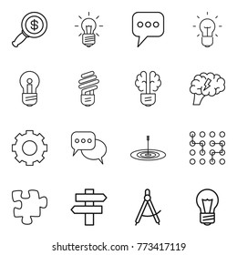 Thin line icon set : dollar magnifier, bulb, message, brain, gear, discussion, target, chip, puzzle, singlepost, draw compass