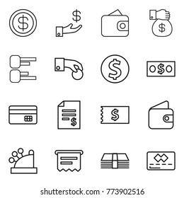 Thin line icon set : dollar, investment, wallet, money gift, diagram, hand coin, credit card, account balance, receipt, cashbox, atm