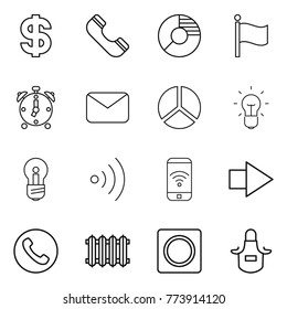 Thin line icon set : dollar, phone, circle diagram, flag, alarm clock, mail, bulb, wireless, right arrow, radiator, ring button, apron