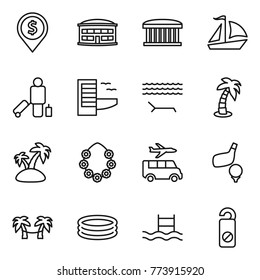 Thin line icon set : dollar pin, airport building, sail boat, passenger, hotel, lounger, palm, island, hawaiian wreath, transfer, golf, hammock, inflatable pool, do not distrub