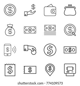 Thin line icon set : dollar, investment, wallet, purse, money bag, arrow, phone pay, hand coin, receipt, pin, atm