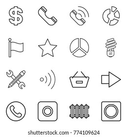 Thin line icon set : dollar, phone, call, circle diagram, flag, star, bulb, pencil wrench, wireless, remove from basket, right arrow, ring button, radiator