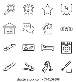 Thin line icon set : dollar magnifier, alarm clock, star, monitor arrow, warehouse, discussion, table lamp, drawbridge, stairs, check in, bed, washing machine, walnut crack, vacuum cleaner