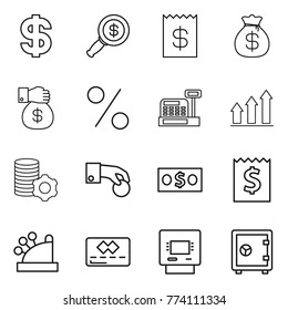 Thin line icon set : dollar, magnifier, receipt, money bag, gift, percent, cashbox, graph up, virtual mining, hand coin, credit card, atm, safe